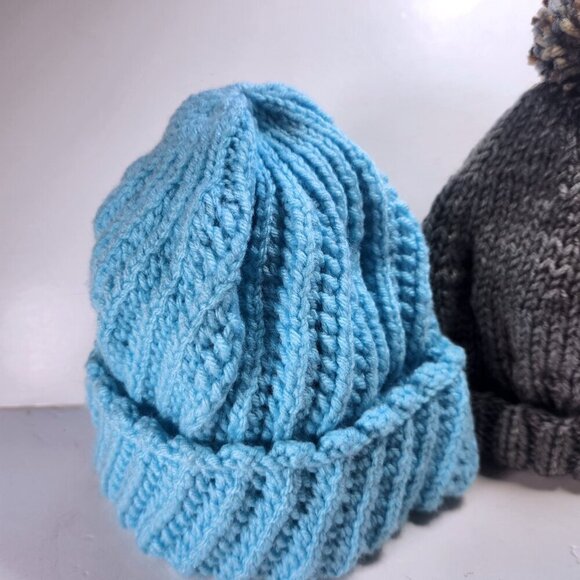 Hand Knitted Youth Hats Lot of 2 Unisex one with Pom Pom Grey and Blue - Picture 2 of 5